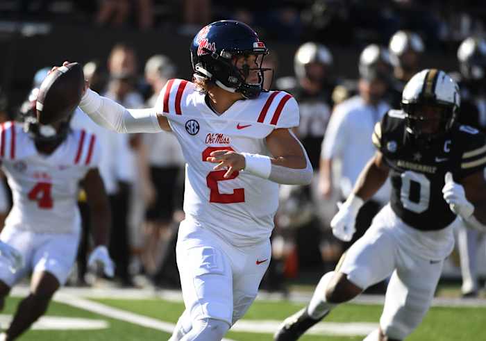 Oct 8, 2022; Nashville, Tennessee, USA; Mississippi Rebels quarterback Jaxson Dart (2) attempts a pass during the first half against the Vanderbilt Commodores at FirstBank Stadium. Mandatory Credit: Christopher Hanewinckel-USA TODAY